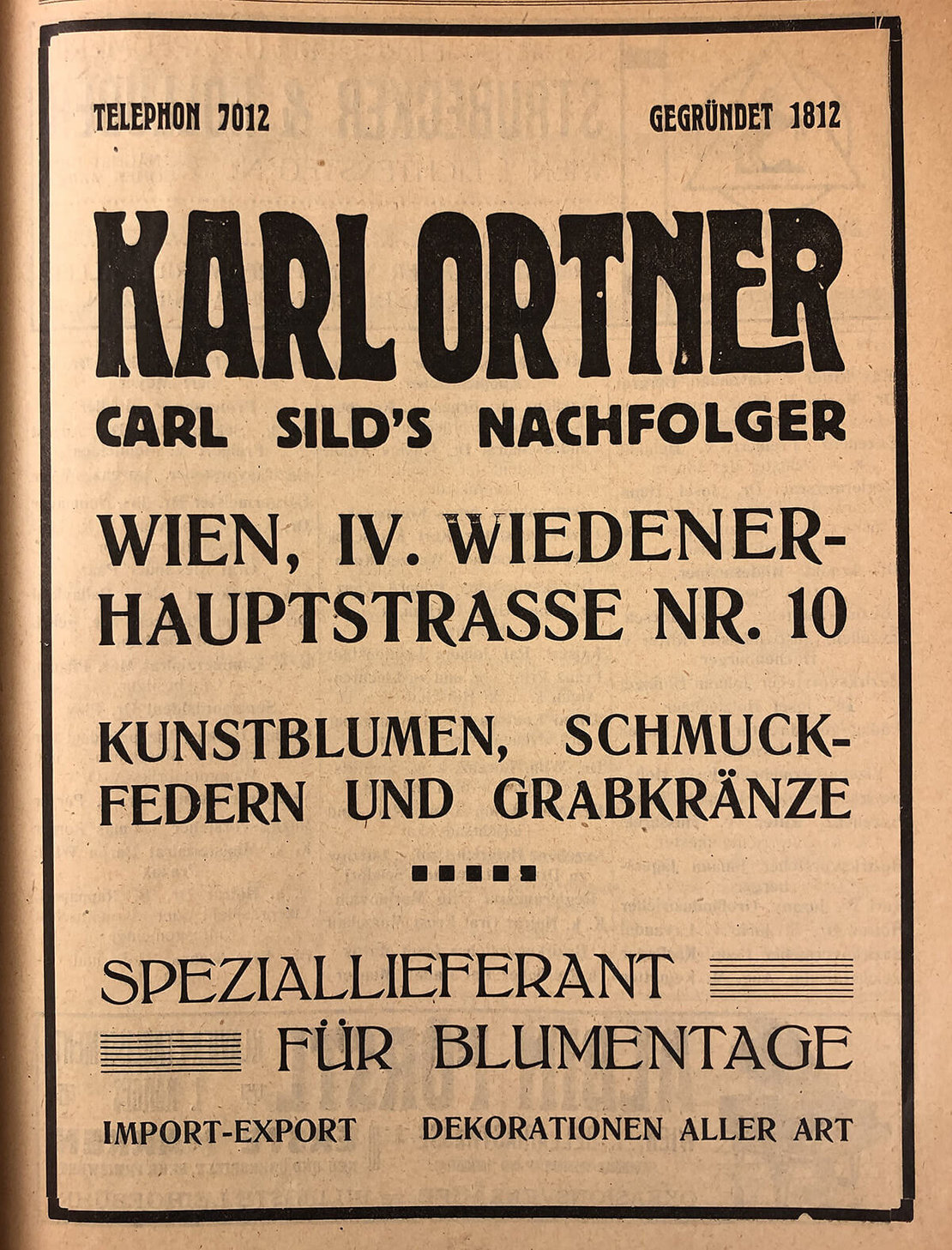 Inserat des Blumenlieferanten Karl Ortner in der Festschrift anlässlich des II. Wiener Blumentages 1912. 