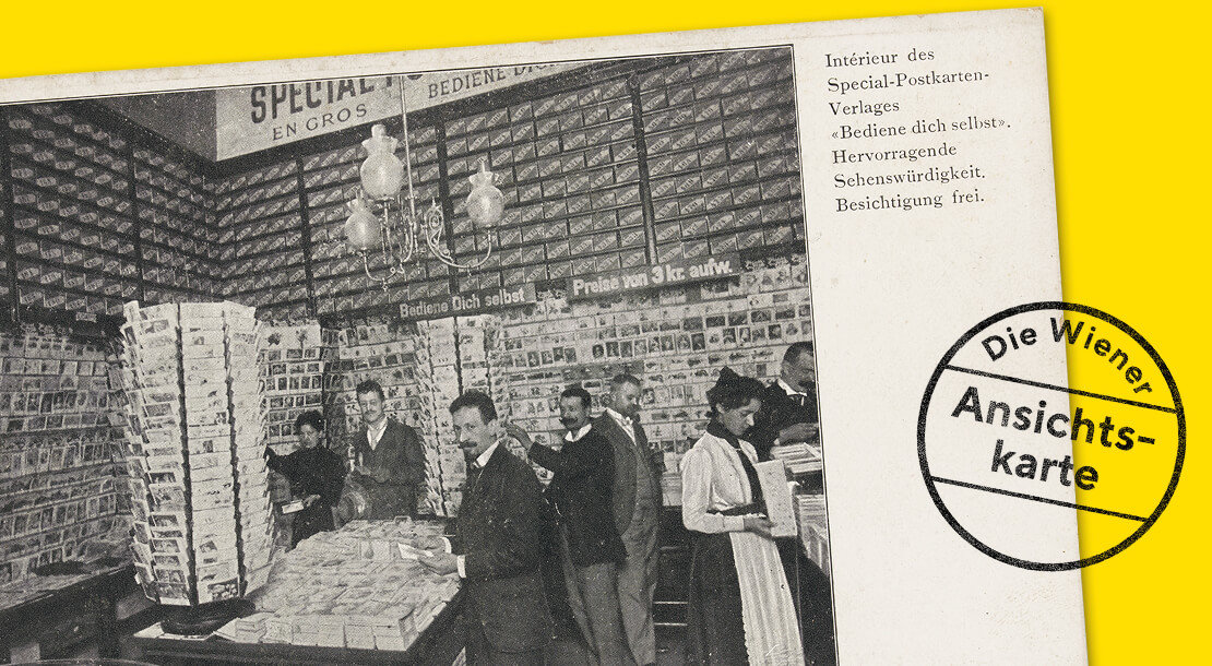 Innenansicht der Postkartenhandlung „Bediene dich selbst“, ab 1900, Verlag Brüder Kohn, Wien, Sammlung H. Seemann 