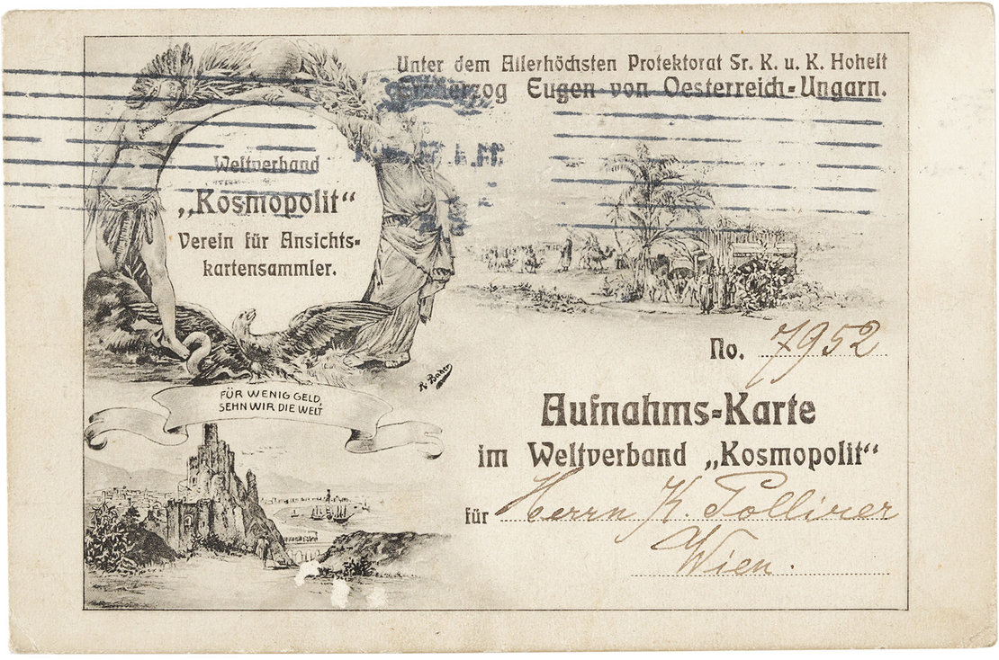 Aufnahmskarte für Mitglieder im Weltverband „Kosmopolit“, gelaufen 1911, Sammlung Lukan, Wien 