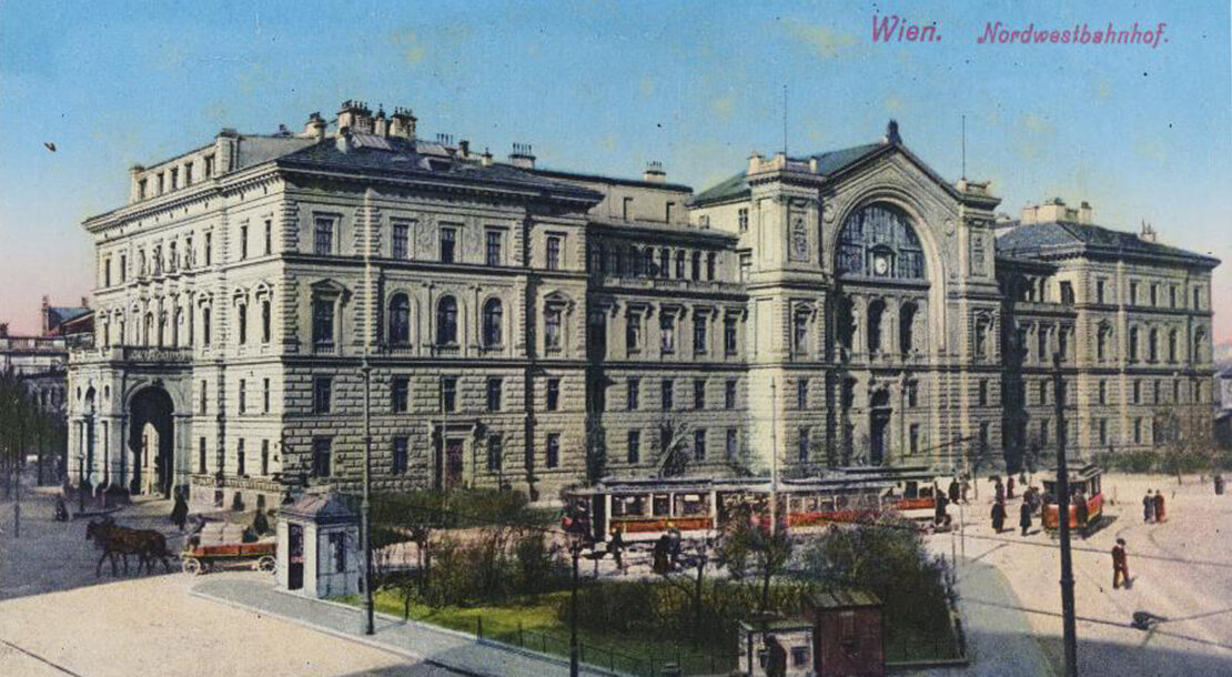 Nordwestbahnhof, kolorierte Ansichtskarte (Ausschnitt), nach 1904, Wien Museum 