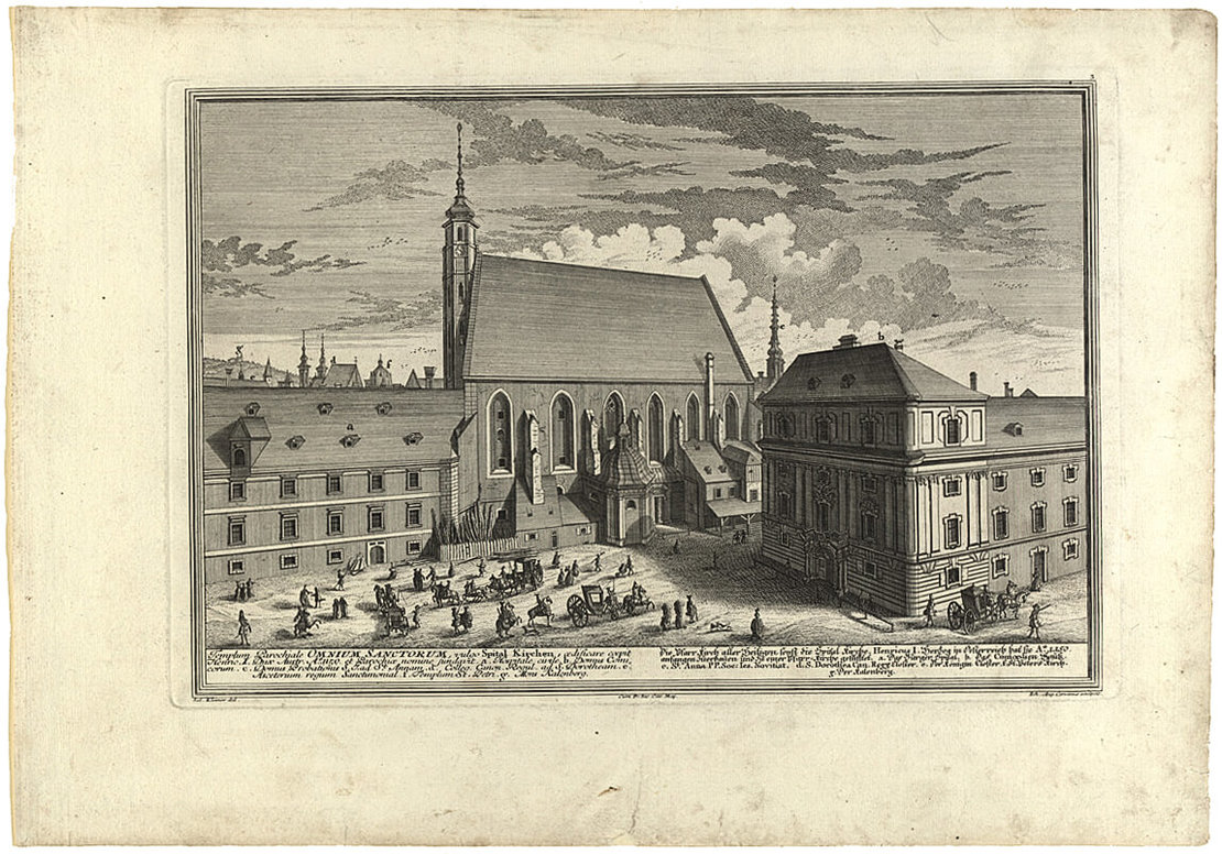 Teile des Bürgerspitals mit Kirche und Kärntnertortheater auf einem Kupferstich nach Salomon Kleiner, 1724, Wien Museum 