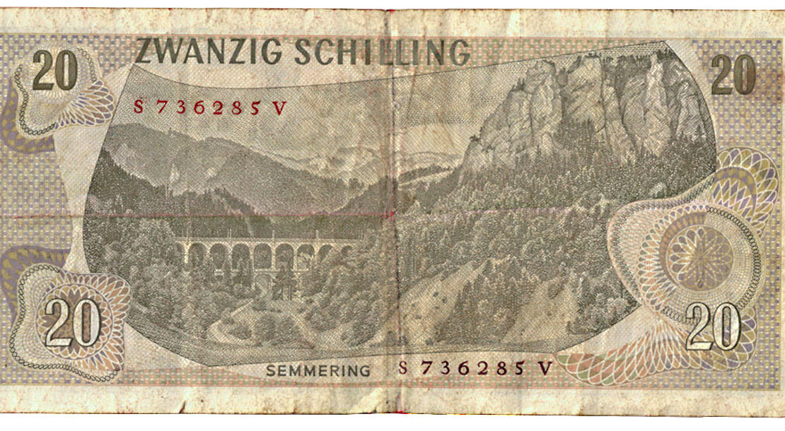 Rückseite des 20-Schilling-Scheins (eingeführt 1967) mit dem berühmten Viadukt der Semmeringbahn über die „Kalte Rinne“, Design: Roman Hellmann, Wien Museum 