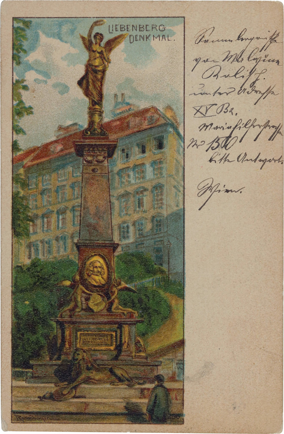 Ansichtskarte vom Universitätsring (damals Franzensring), adressiert 1898 an eine Empfängerin in Budapest mit der Mitteilung: „Sammlergrüsse von Malvine R. unter Adresse XV Bz. Mariahilferstrasse Nr. 150, bitte Antwort, Wien.“ 
