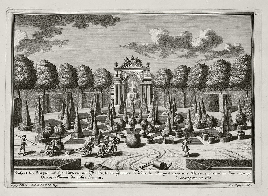 Salomon Kleiner (1700 oder 1703–1761), Franz Michael Regenfus: Ansicht des Pomeranzengartens in der Rossau, Radierung, LIECHTENSTEIN. The Princely Collections, Vaduz–Vienna 