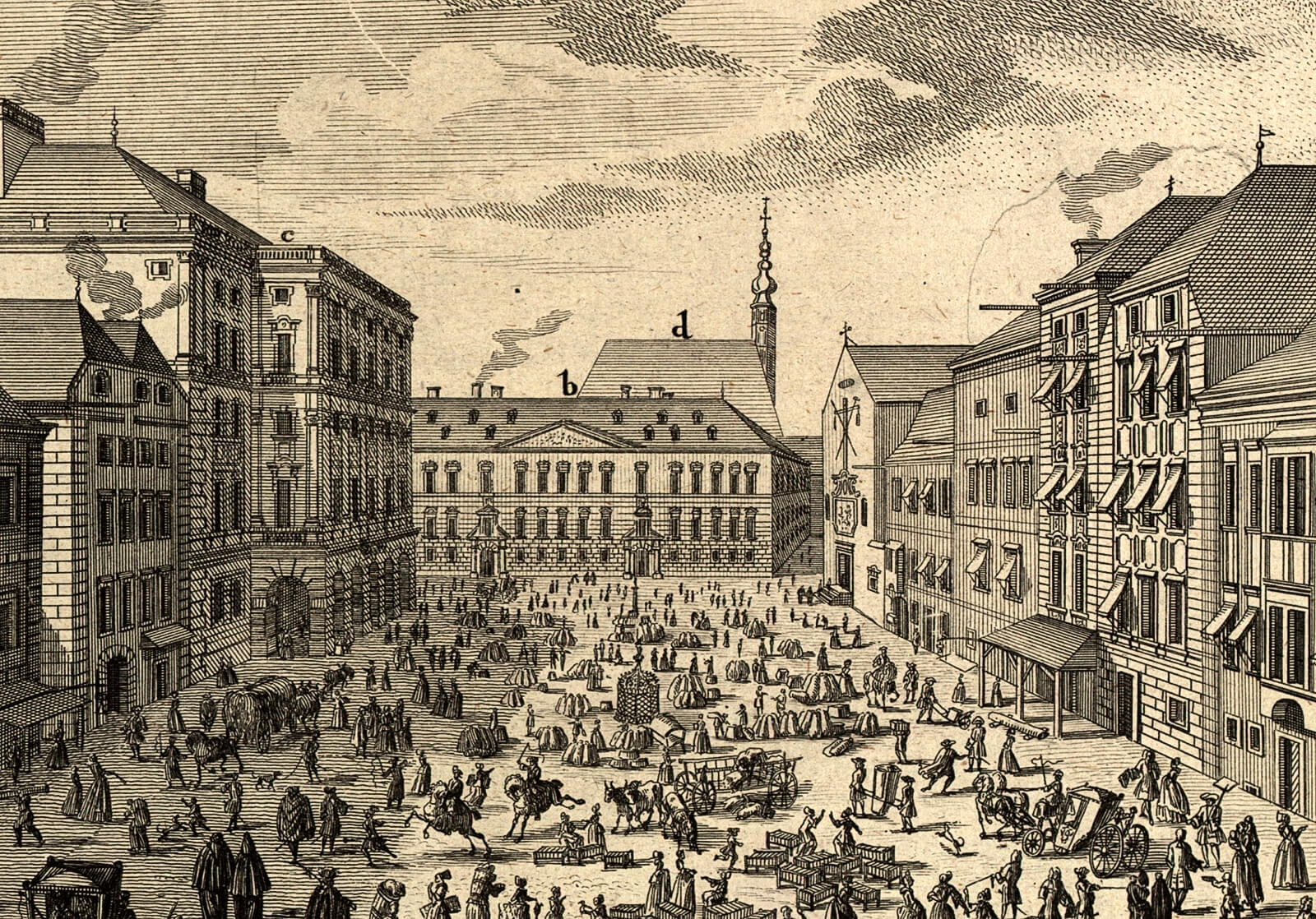 Der Mehlmarkt (Neue Markt) vor der Errichtung des Donnerbrunnens, Detail aus einem Kupferstich von Salomon Kleiner, 1724, Wien Museum 