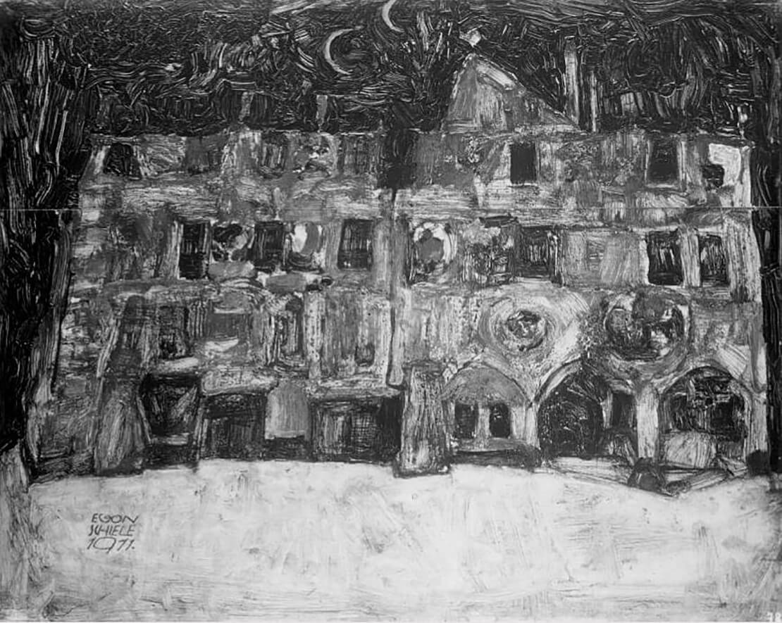 Gilt als zerstört und befand sich zuletzt im Besitz von Max Roden: Nachtbild, Das Krumauer Rathaus III, Foto: Galerie St. Etienne/New York, Quelle: Kallir Research Institute 