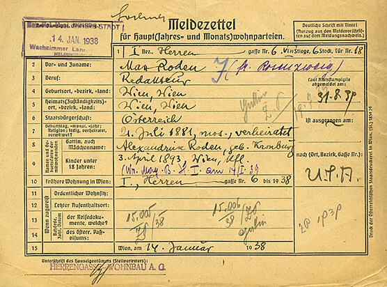 Meldezettel von Max Roden, der sich im August 1939 von seiner Wohnadresse in der Herrengasse abmeldete, Wiener Stadt- und Landesarchiv, Sinatur 2.4.1.4.K11 
