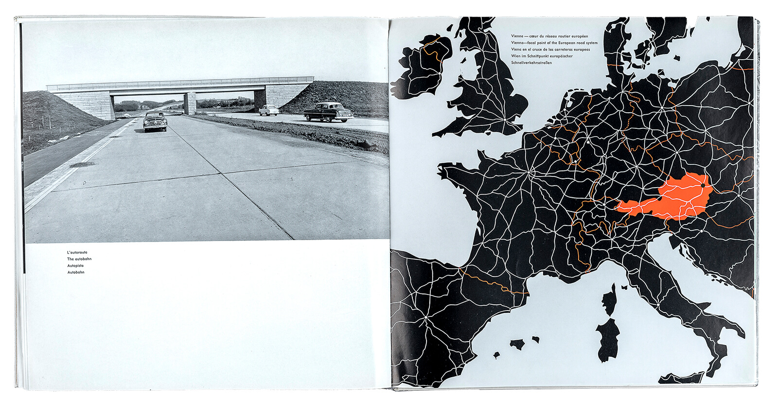 Die Westautobahn und das Straßennetz in Europa, aus dem Buch „Wien meldet seine Kandidatur für die Olympischen Spiele 1964“, 1958, Foto: Stephan Doleschal 