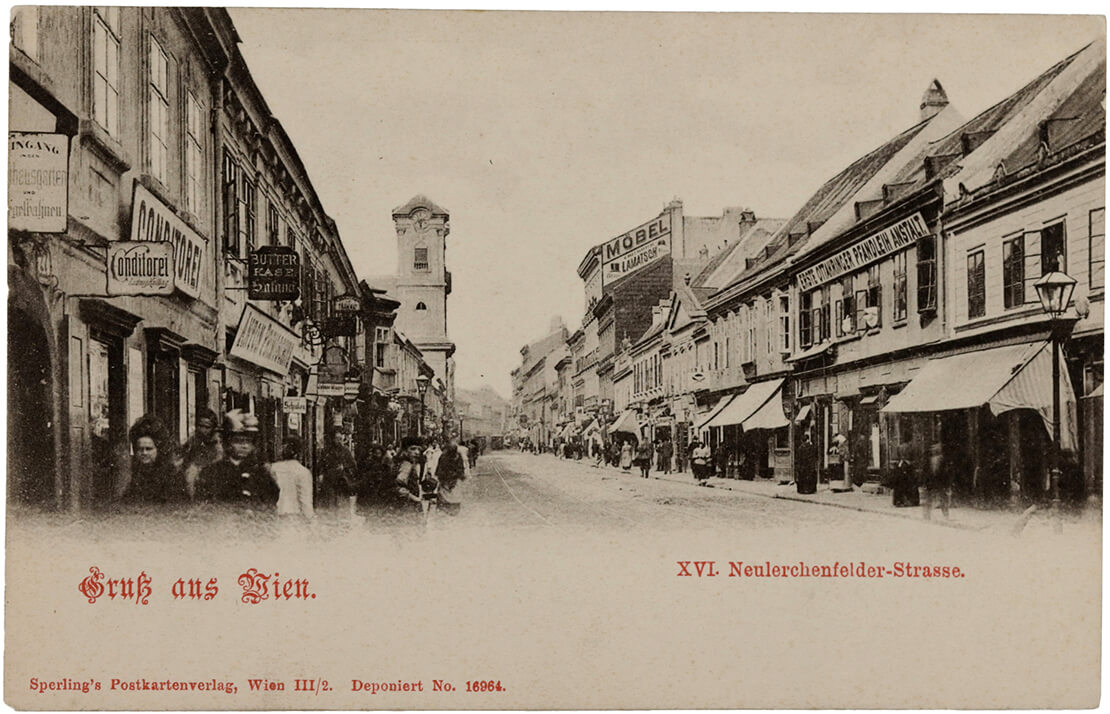 Die Neulerchenfelder Straße auf einer Ansichtskarte um 1900, im Hintergrund ist die Kirche zu sehen, Wien Museum 