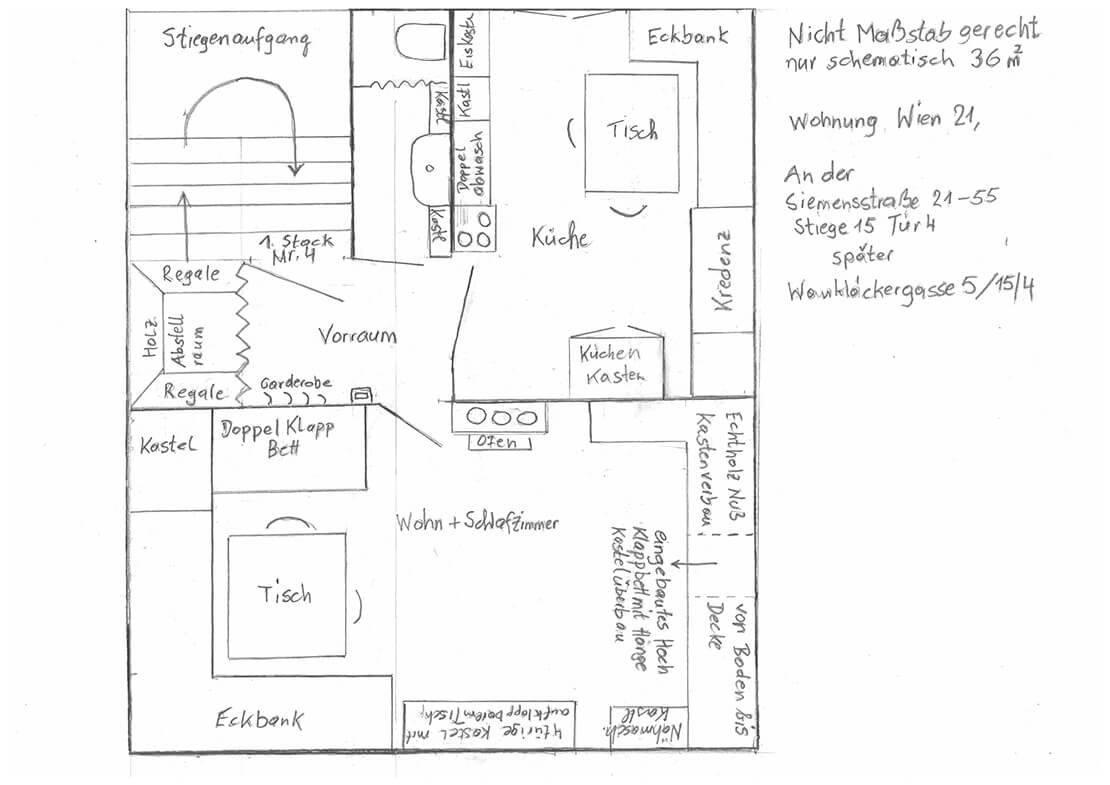 Skizze der Wohnung der Familie Bachmeier/Strobach in der Wankläckergasse, aus der Erinnerung angefertigt von Herbert Strobach, 2021 