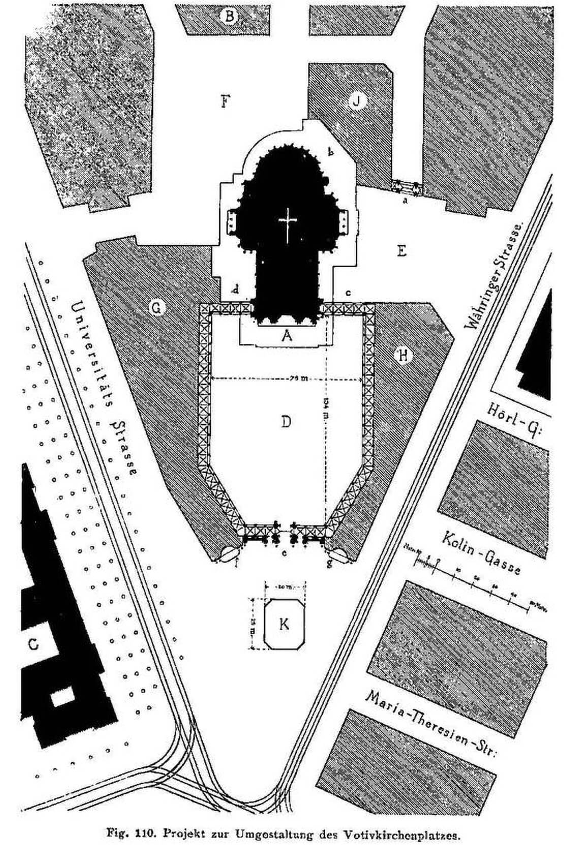 Camillo Sittes Verbauungsvorschlag für den Platz vor der Votivkirche, Abbildung aus Sittes Buch „Der Städtebau nach seinen künstlerischen Grundsätzen, 1909 (4. Auflage) 
