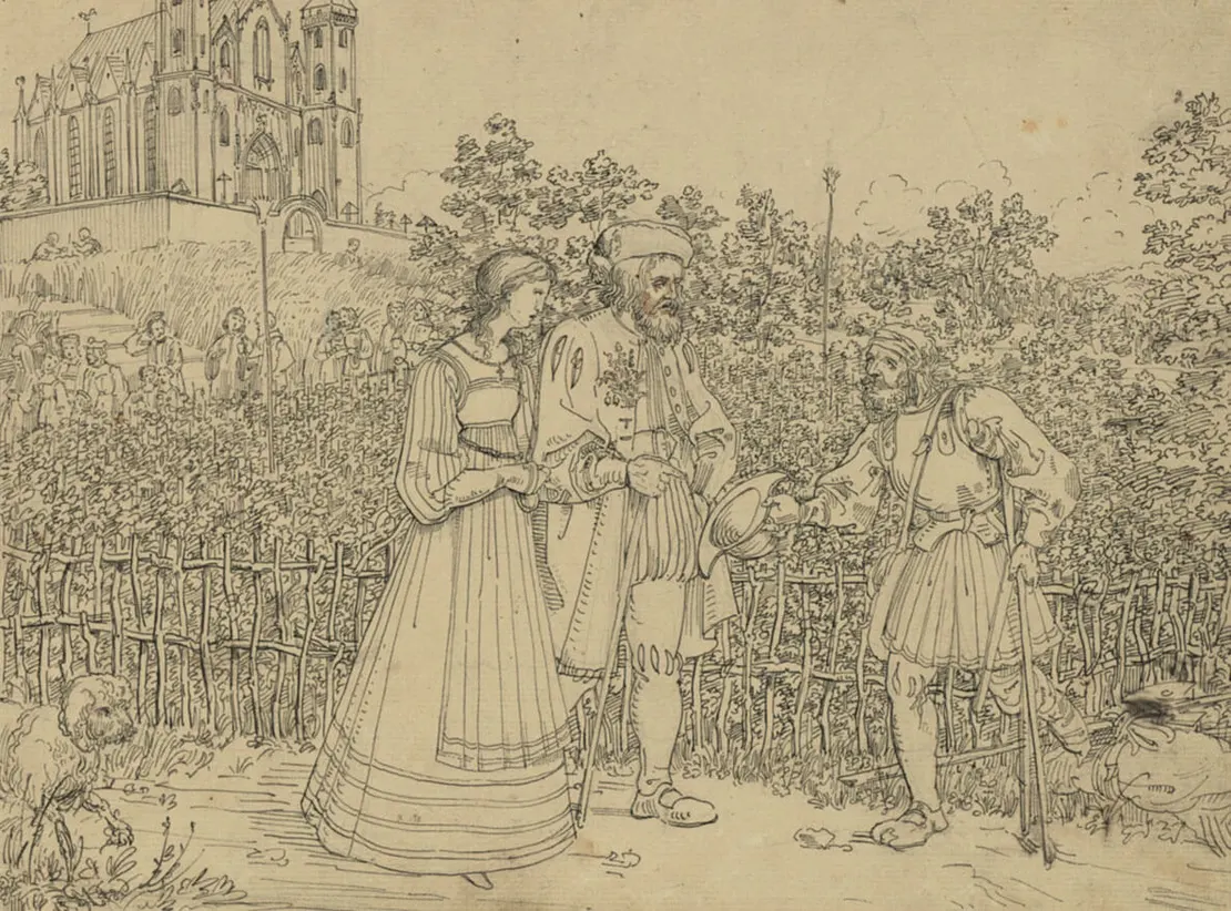 Randfiguren der Gesellschaft – wie hier Bettler – wurden oft für die Verbreitung von Seuchen verantwortlich gemacht. Die Zeichnung "Bettler am Wegesrand" aus der Serie "Szenen aus dem Leben im Mittelalter" stammt von Moriz von Schwind und entstand 1822. Sammlung Wien Museum  