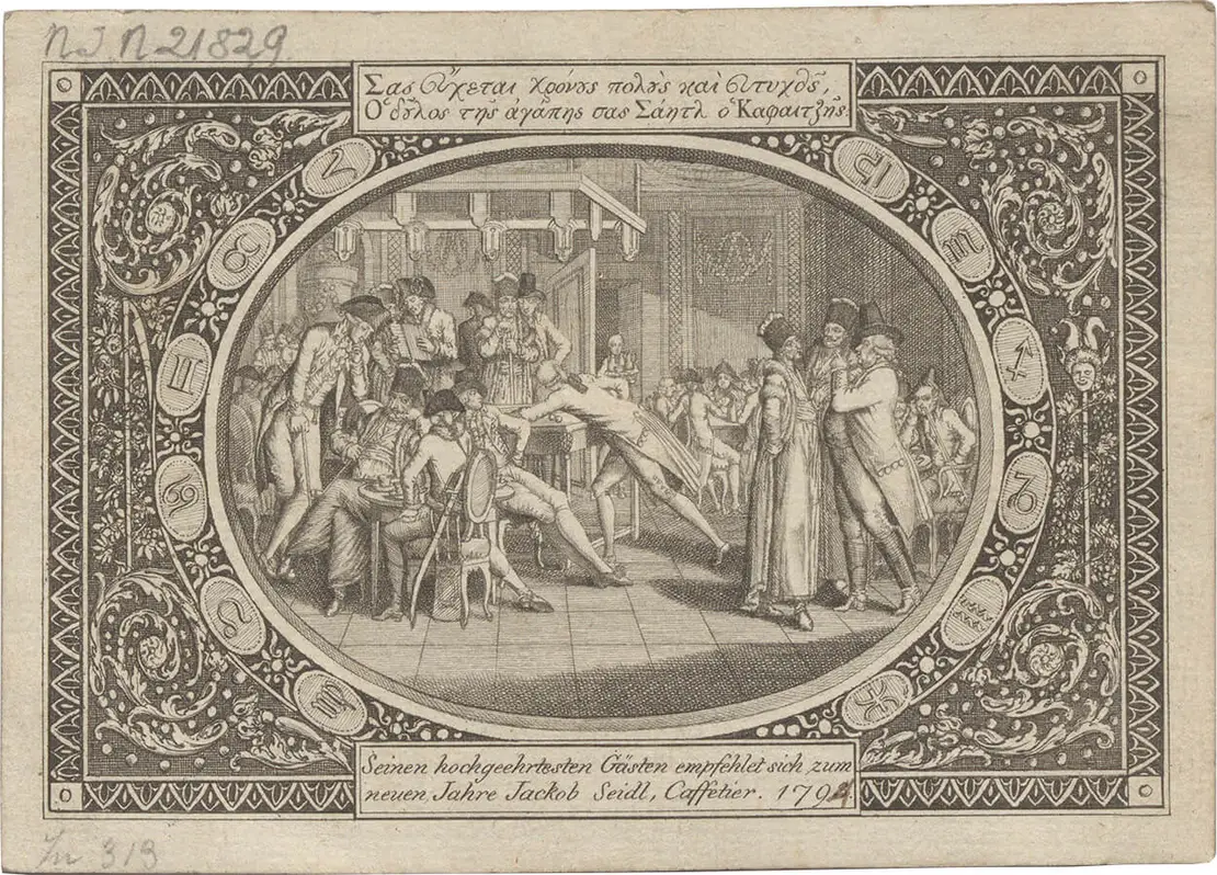Jakob Seidl, der Besitzer des Café Seidl, sandte Neujahrsgrüße an seine Kundschaft auf Griechisch und Deutsch, 1794, Wien Museum, Inv.-Nr. 21829