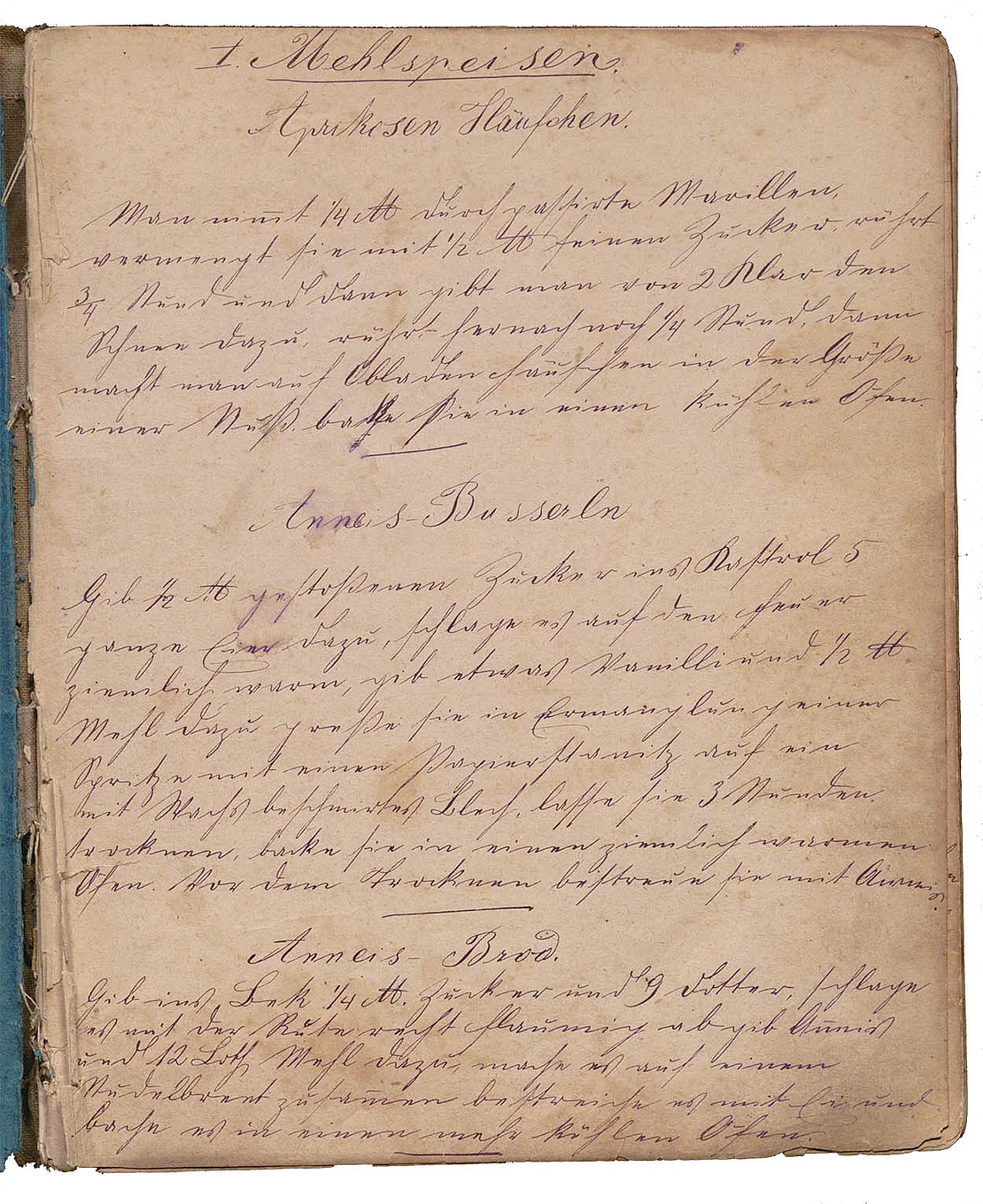 Rezepte für Mehlspeisen in einem handgeschriebenen Kochbuch, 19. Jh. , aus dem Nachlass von Franz Ruhm, Wien Museum, Inv.-Nr. 313658/13  