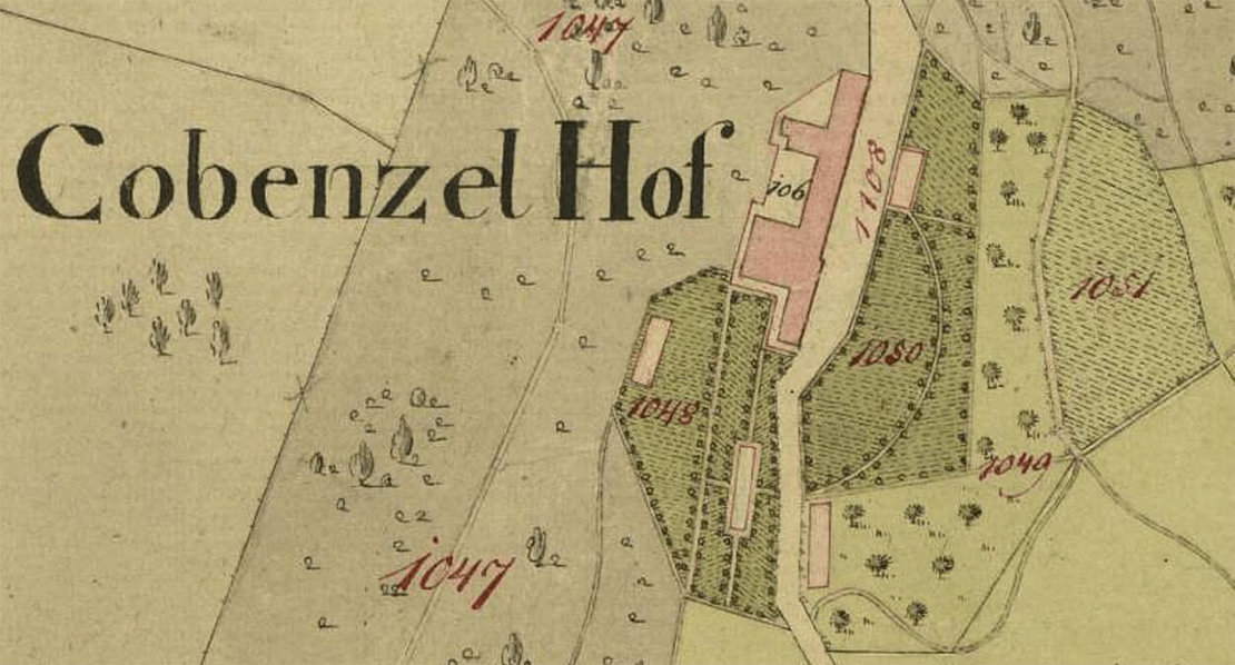 Der Franziszeische Kataster von 1819 zeigt die Größe des Schlosses, das es unter Baron Pfaffenhofen erreicht hatte. Quelle: mapire.eu 