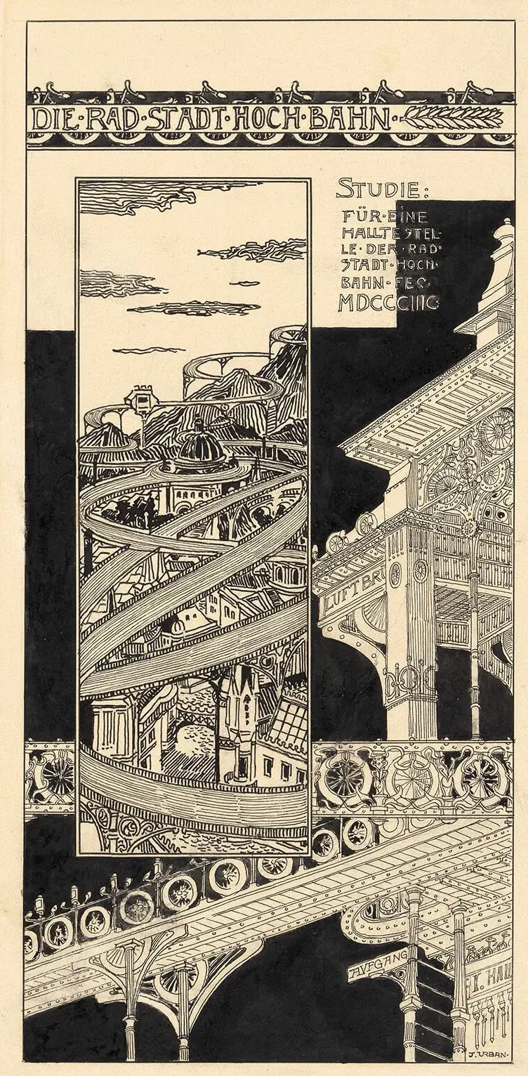Utopie einer „Rad-Stadt-Hoch-Bahn“ von Josef Urban, 1898, Vorzeichnung für: Wiener Radfahr-Club Künstlerhaus (Hg.): Radlerei!, S. 8 , Wien Museum Inv.-Nr. 25605   