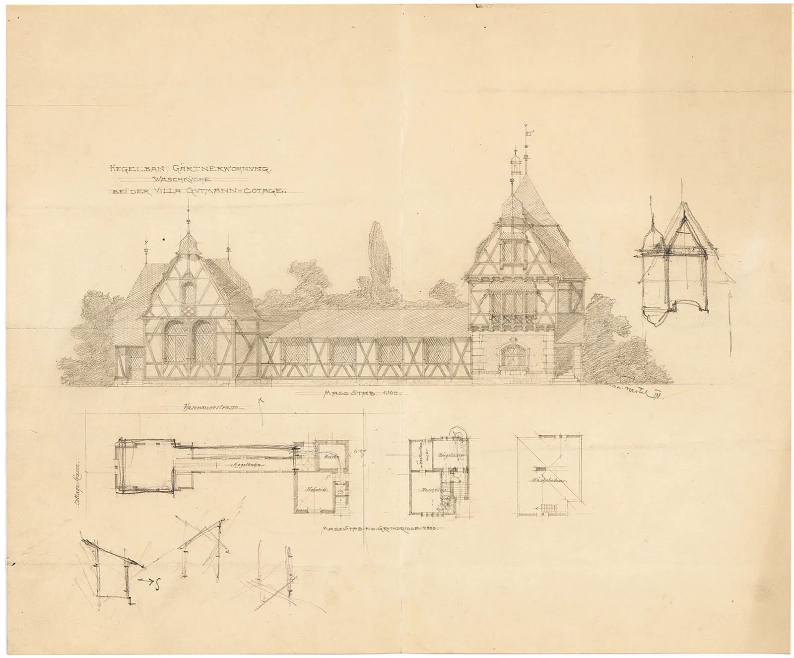 Max von Ferstel: Pläne zur Villa Gutmann, Colloredogasse 24, 18. Bezirk: Kegelbahn, Gärtnerwohnung, Waschküche, 1898, Wien Museum  