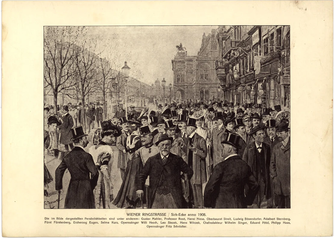 Theodor Zasche: „Wiener Ringstrasse / Sirk-Ecke anno 1908“, Druckgrafik aus Zasches Album „Lachendes Wien“, 1923, Wien Museum, Inv.-Nr. 188591/12