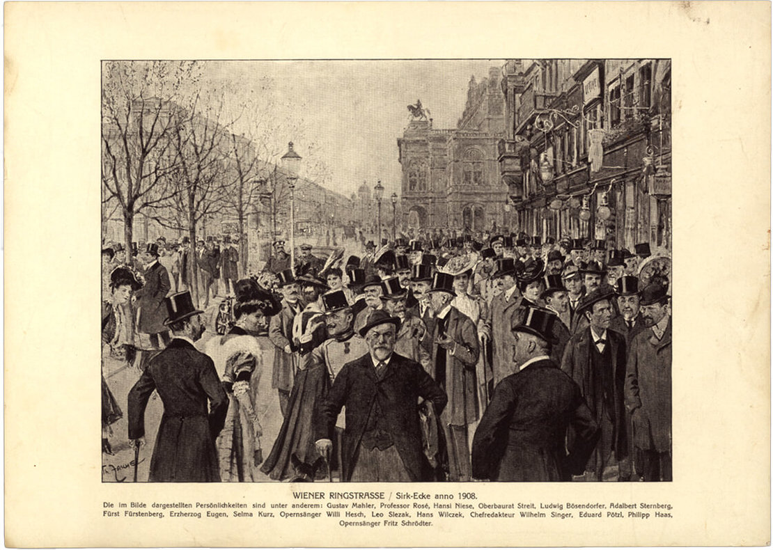 Theodor Zasche: „Wiener Ringstrasse / Sirk-Ecke anno 1908“, Druckgrafik aus Zasches Album „Lachendes Wien“, 1923, Wien Museum, Inv.-Nr. 188591/12 