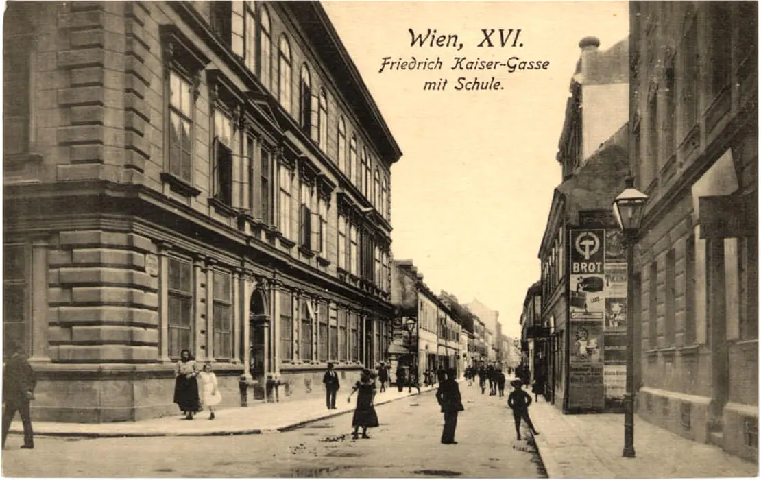 Friedrich-Kaiser-Gasse mit Schule, um 1910, Sperlings Postkartenverlag, Wien, Wien Museum  