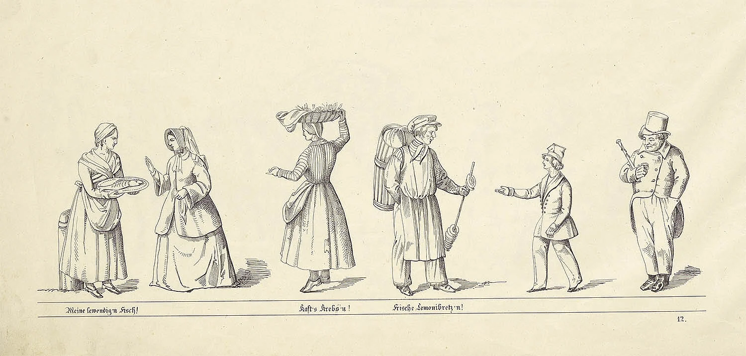 Joseph Schmutzer: Wiener Volksbeschäftigungen und Ausrufe,  darunter auch eine Fisch- und eine Krebsverkäuferin, 1848-1850, Druckgrafik, Wien Museum, Inv.-Nr. 123118/12  