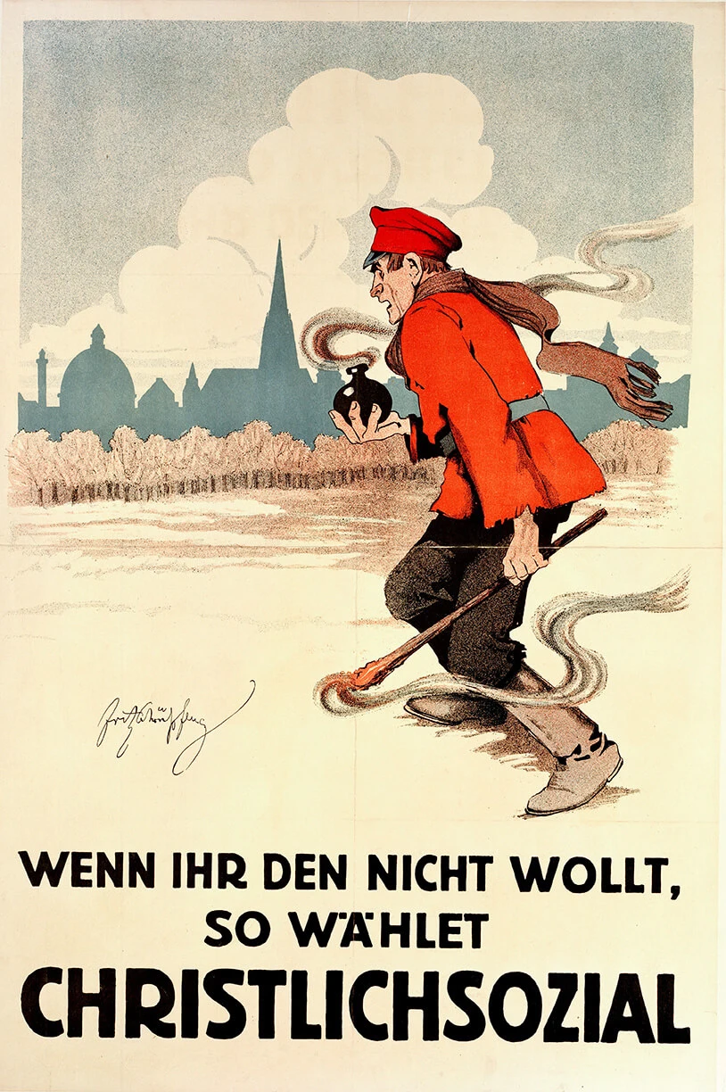 Das christlichsoziale Plakat zeigt einen Rotgardisten, der zum Bombenwurf auf Wien ansetzt, Wienbibliothek im Rathaus. Plakat von Fritz Schönpflug, 1919, Wienbibliothek im Rathaus, Plakatsammlung