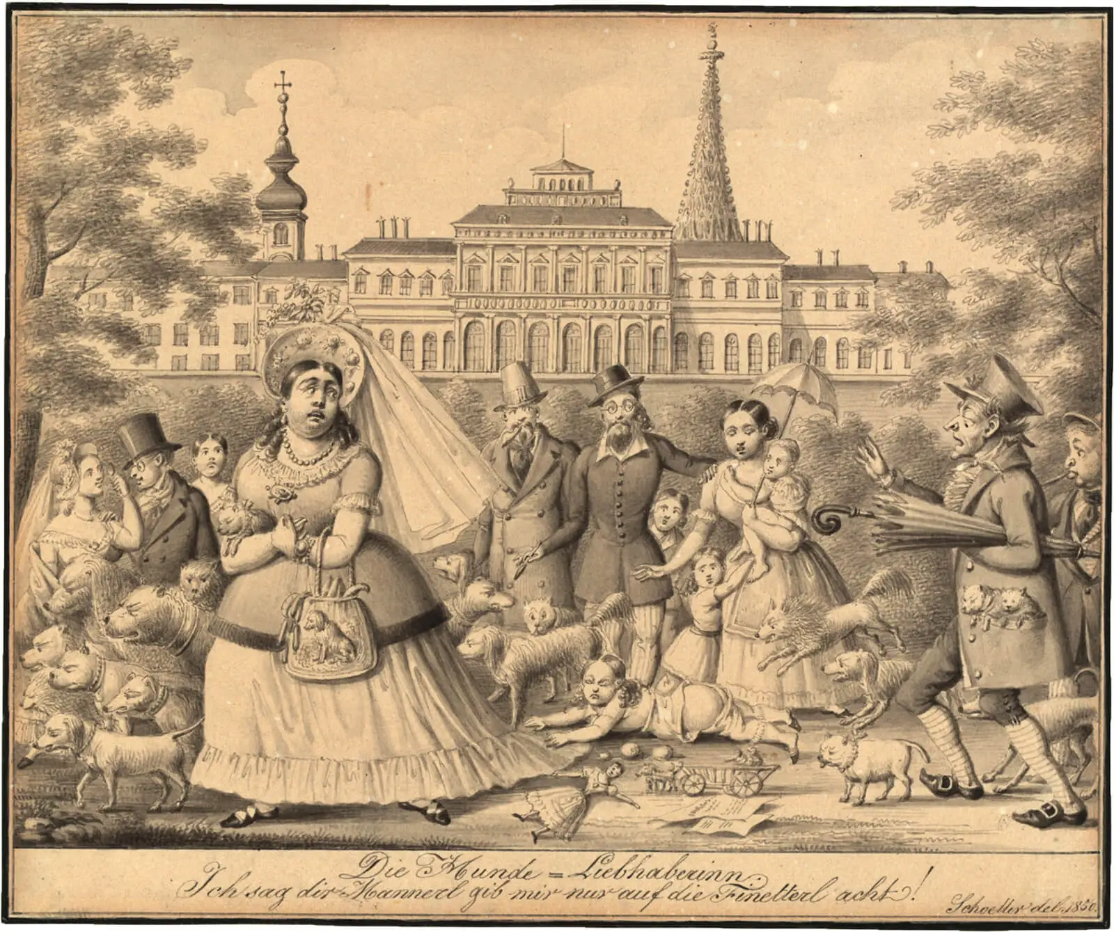 Johann Christian Schoeller: Die Hunde-Liebhaberin, 1850, Sepia-Aquarell, Wien Museum, Inv.-Nr. 97980  