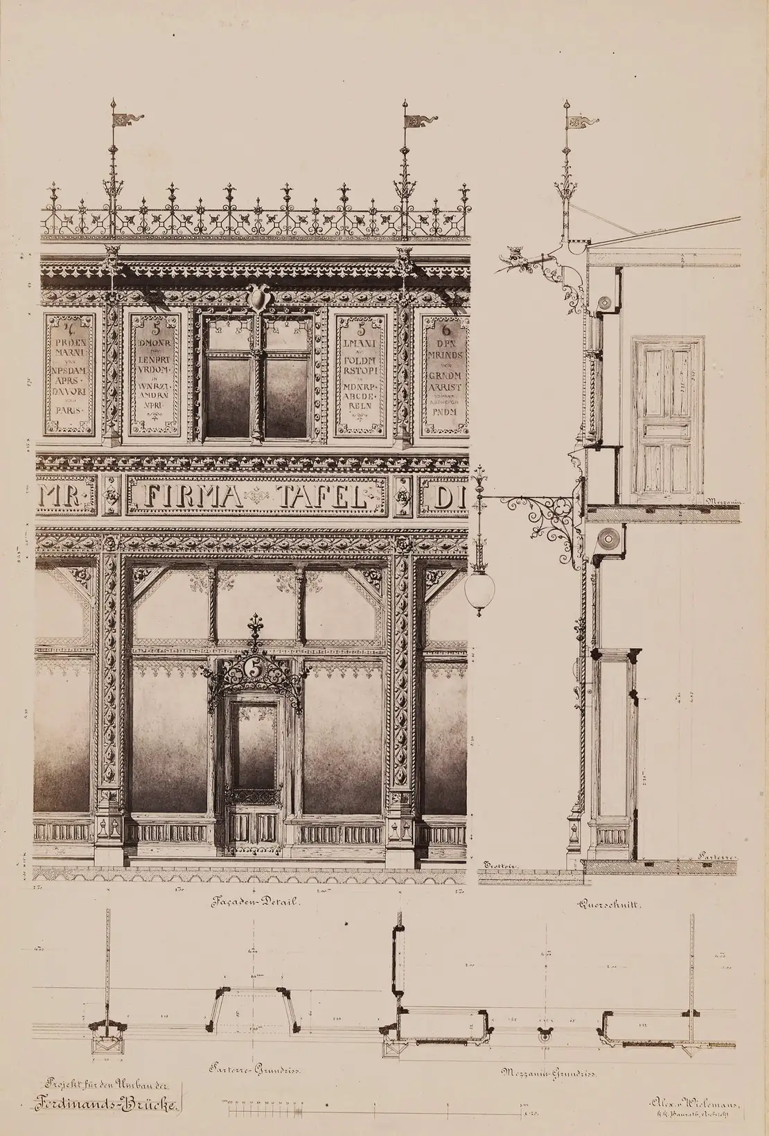 Alexander von Wielemans: „Projekt für den Umbau der Ferdinandsbrücke“, Aufriss und Querschnitt von zweigeschoßigen Verkaufslokalen (Reproduktion), 1888, Wien Museum, Inv.-Nr. 157160/3