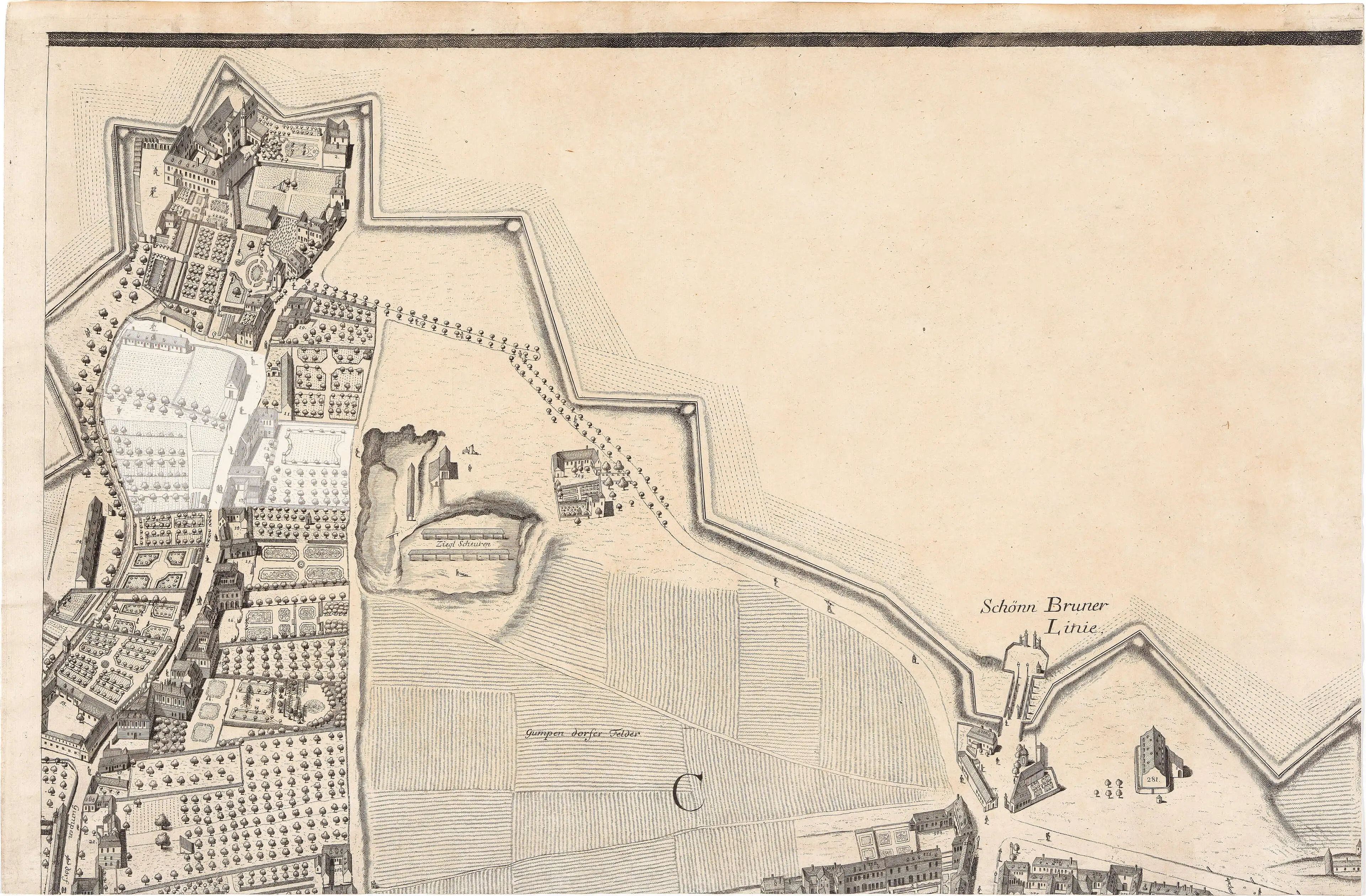 Gumpendorfer Wohnsitz des Herzog Louis Engelbert von Arenberg, Detail aus dem Plan von Joseph Daniel von Huber, 1778, Wien Museum, Inv.-Nr. 19525/5  