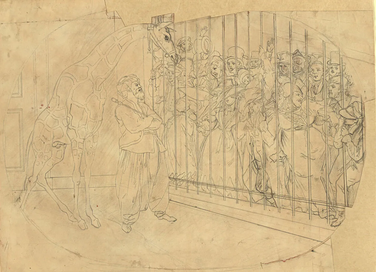 Josef Danhauser: Giraffe mit Wärter und Zuschauern, Zeichnung, mutmaßlich 1828, Wien Museum