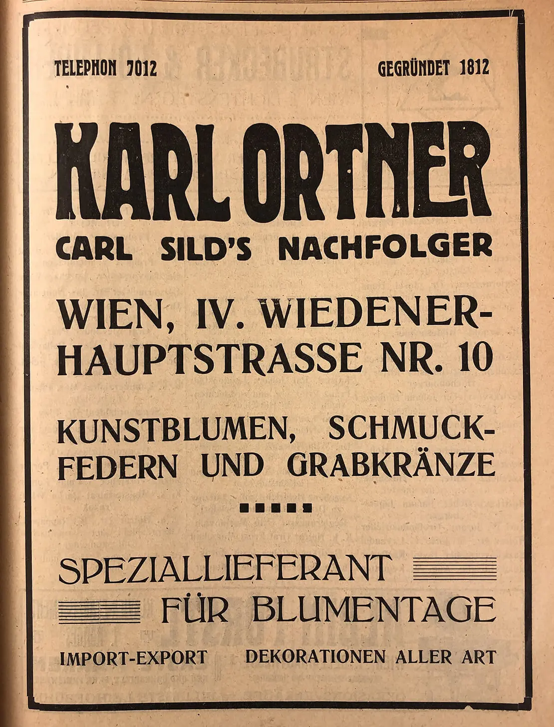 Inserat des Blumenlieferanten Karl Ortner in der Festschrift anlässlich des II. Wiener Blumentages 1912.  