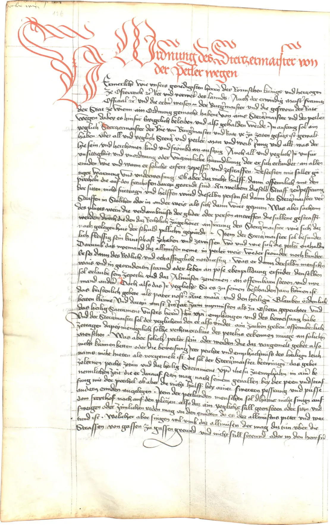 Die Wiener Bettelordnung aus dem Jahr 1443, Auszug aus dem „Eisenbuch“, Wiener Stadt- und Landesarchiv, Handschriften, A – Großes Format: A 1, fol. 126v.   