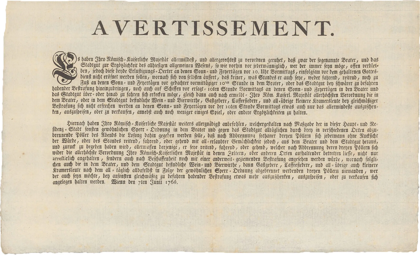 Avertissement, Wien 1766, Wienbibliothek im Rathaus  