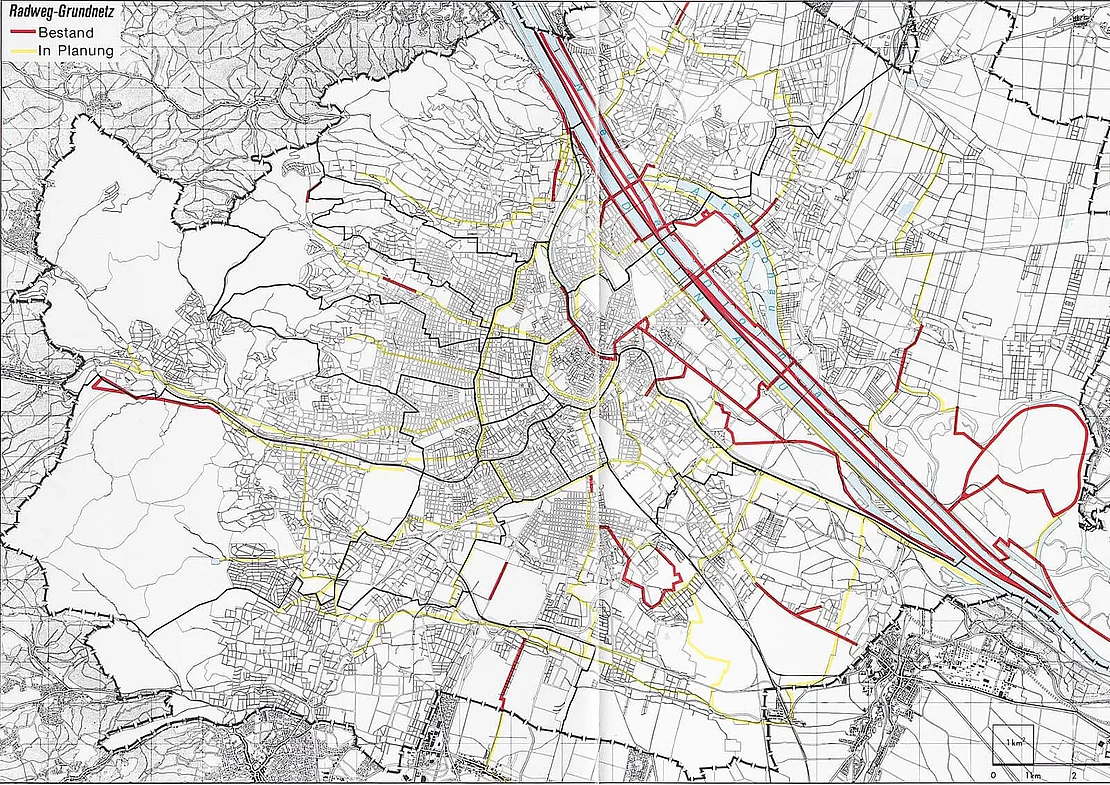 Plan „Radweg-Grundnetz“ Wien, 1984, aus: Radfahren in Wien, Falter-Verlag / Wien Museum Inv.-Nr. 303.583 (Ausschnitt)  