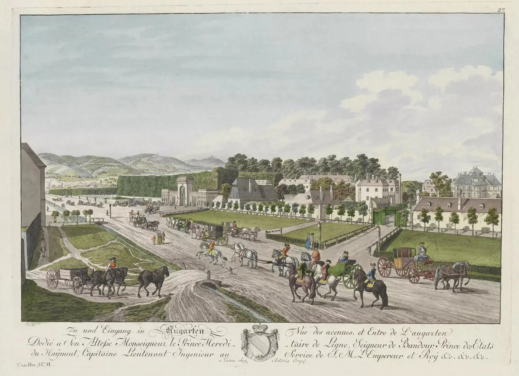 „Zu und Eingang in Augarten“, mit dem Augartenpalais (Leebʼsches Palais) ganz rechts, Johann Ziegler, Kupferstich und Radierung, koloriert, 1782. Wien Museum, Inv.-Nr. 64289