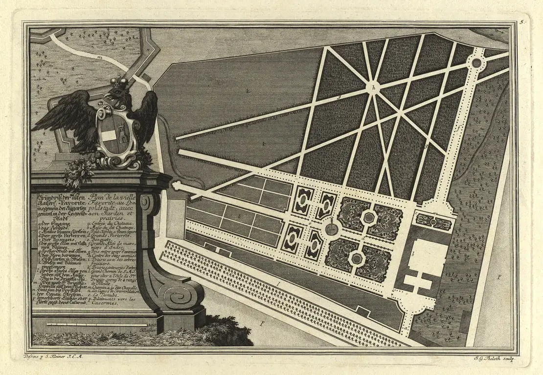 „Grundriß der alten Kaiserl. Favorite, insgemein der Augarten genant in der Leopoldstadt“, Salomon Kleiner (Zeichner), Johann Gottfried Theloth (Kupferstecher), Kupferstich, um 1736, Wien Museum, Inv.-Nr. 15008