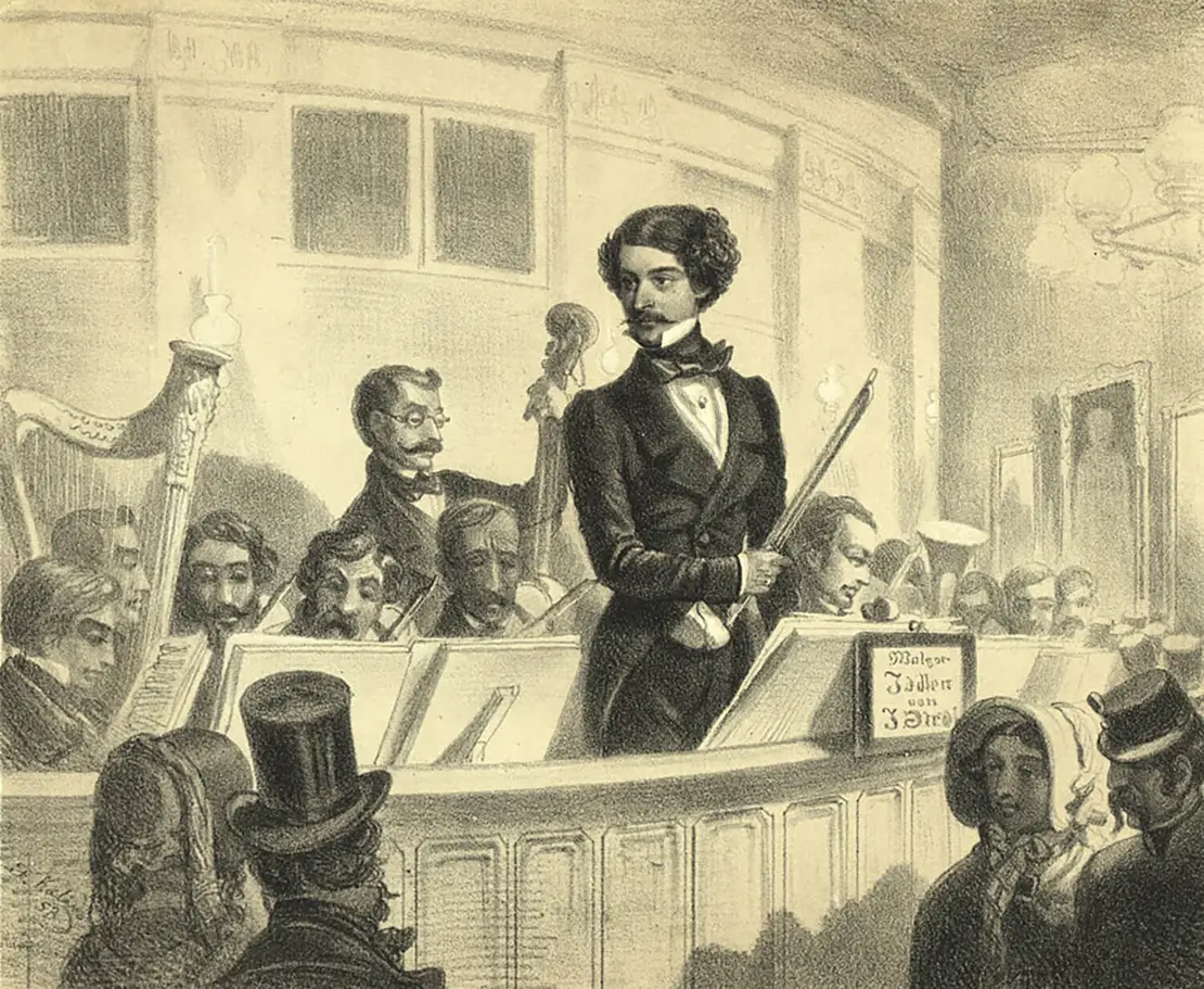 Franz Kaliwoda: Johann Strauß Sohn im Volksgarten, Lithografie, 1853, Wien Museum  