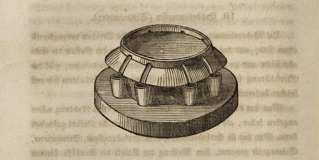 Die Abbildung zeigt den Erdbebenmesser des Astronomen Nicolò Cacciatore. Er kam ab 1818 zum Einsatz und diente zur Feststellung der Ausbreitungsrichtung der Bodenschwingungen. Die Stärke eines Bebens konnte damit nicht gemessen werden. Quelle: Österreichische Nationalbibliothek 