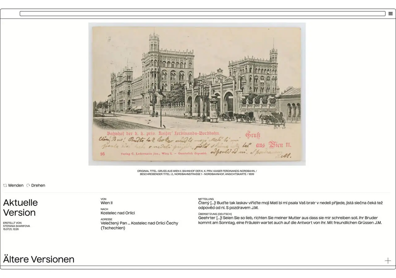 Transkribierte und übersetzte Ansichtskarte aus dem Tschechischen, 1899, Wien Museum  