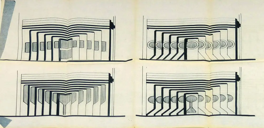 Vier Geschäftsportalentwürfe für Rothe & Neffe, Wien I., 1968, Wien Museum/Karl Schwanzer Archiv  