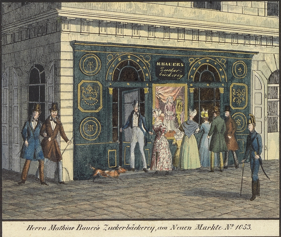 Matthias Bauer’s Zuckerbäckerey am Neuen Markt, aus: Situations-Plan der k. k. Haupt-und Residenzstadt Wien nebst den Ansichten von den Gewölbern der vorzüglicheren Handelsleuten, von Carl Graf Vasquez, um 1835, Wien Museum  