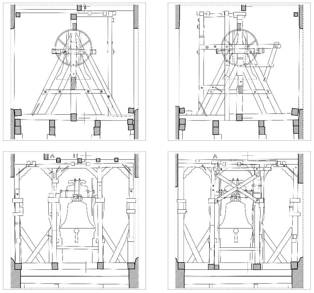 Schnitte durch den Glockenstuhl, nach 1633 (EKG Baukultur ZT GmbH Architekten, Zeichnung: Andrea Seeber und Svenja Schulmeister, Vermessung: Martin Offenhuber)  