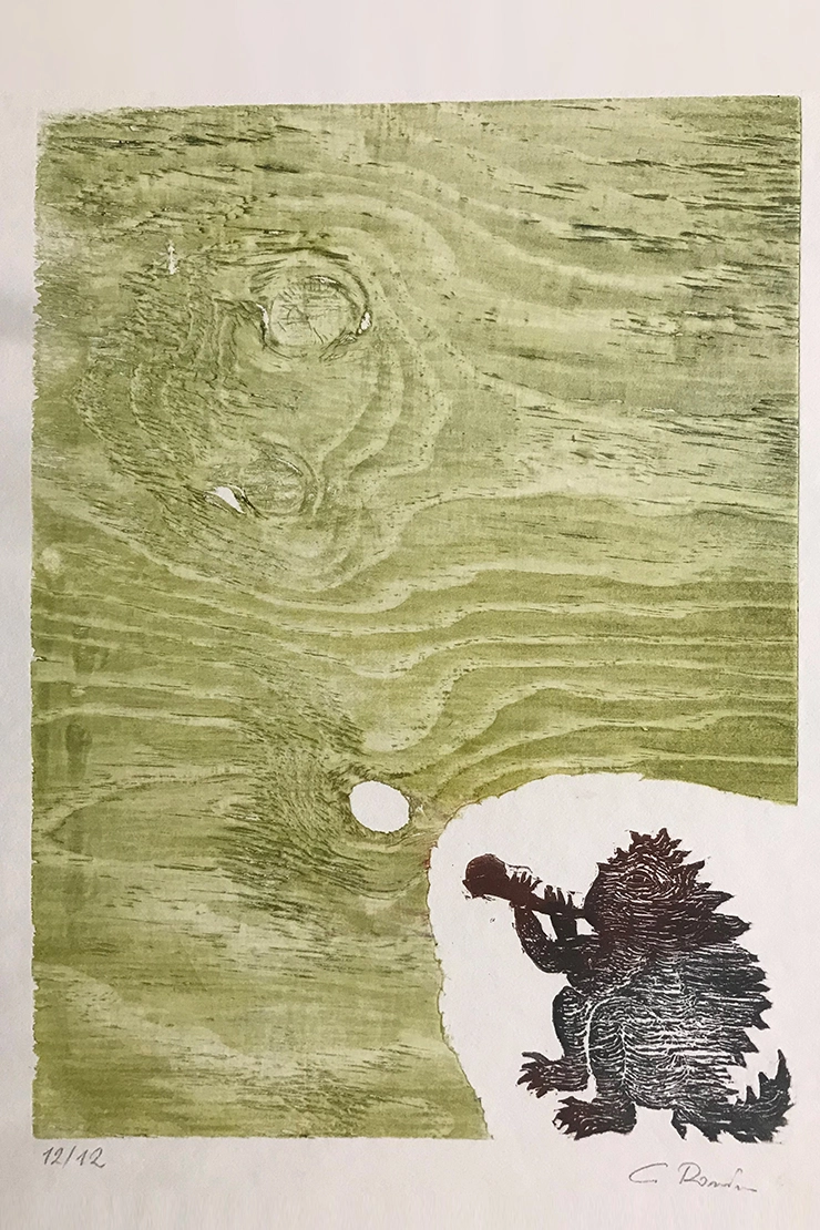 Christoph Donin: Musizierender Tatzelwurm, Holzschnitt, um 2007