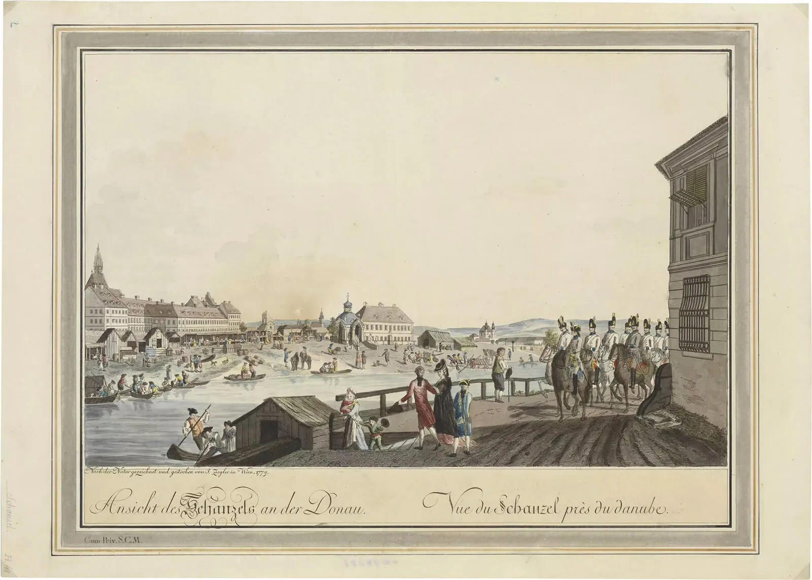 Johann Andreas Ziegler: „Ansicht des Schanzels an der Donau“/ „Vue du Schanzel pres du danube“ (1. Etat), Kupferstich, 1779, Wien Museum Inv.-Nr. 94371  