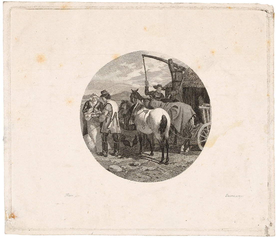 Ungarischer Wagen, dessen Gespann Hafer bekommt, Radierung von Johann Adam Klein, vor 1875, Wien Museum  