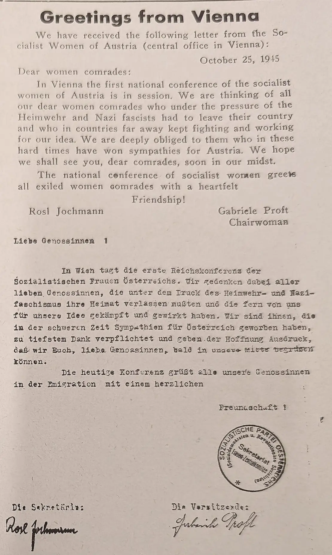 Jochmann, Rosa/Proft, Gabriele (Februar 1946). Greetings from Vienna. In: The Austrian Republic, Jg. 1, Nr. 2. S. 2, verfügbar: DÖW Signatur: Exil 3017/16.  