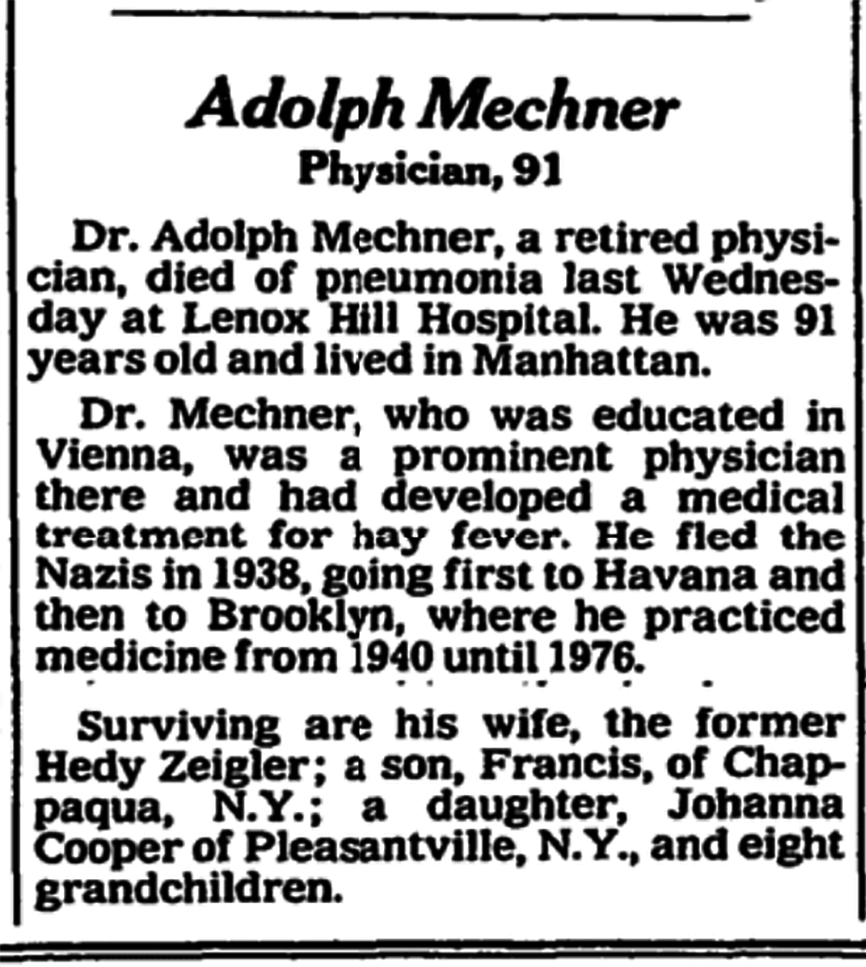 Nachruf auf Adolf Mechner in der New York Times vom 8. Juni 1988