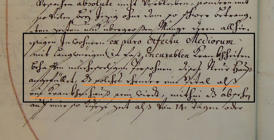 Ausschnitt aus dem Konzept der Stellungnahme des Bürgerspitals zum geplanten neuen „Universalkrankenhaus“, undatiert (1721), Wiener Stadt- und Landesarchiv, Bürgerspital, A1: XVI/40