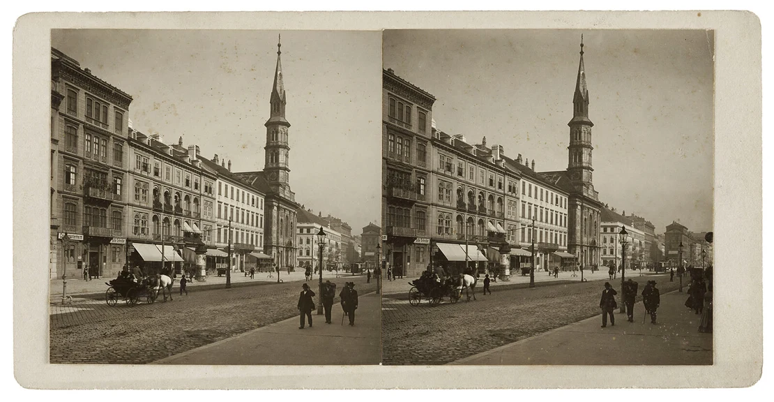 Ludwig Grillich, Praterstraße mit Johann-Nepomuk-Kirche, Stereoskopie, Mattkollodium auf Untersatzkarton, 1904, aufgenommen für August Fuhrmanns „Kaiserpanorama“, Wien Museum, Inv.-Nr. 180433   