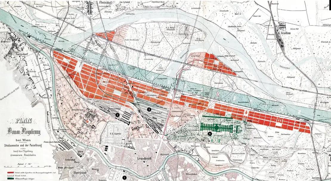 Rot markiert sind jene Flächen, die durch die Donauregulierung als Bauland entstanden sind und nach den Plänen der Stadt gewinnbringend veräußert werden sollten. Tatsächlich wurde das Umland des Nordwestbahnhofes erst zaghaft ab der Zwischenkriegszeit erschlossen. Quelle: Cajetan Felder: Die Gemeinde-Verwaltung der Reichshaupt- und Residenzstadt Wien in den Jahren 1871 bis 1873. Bericht des Bürgermeisters Cajetan Felder vorgelegt dem Gemeinderathe im November 1874, Wien: Verlag des Gemeinderathes, 1874, Abschnitt XIII, o.S.  